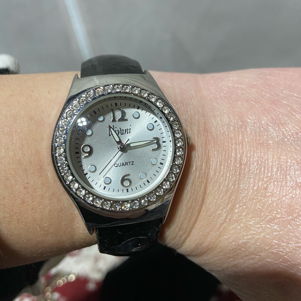 Vivani Silver Tone Watch. Black Bangle Band. Silver Tone Hardware